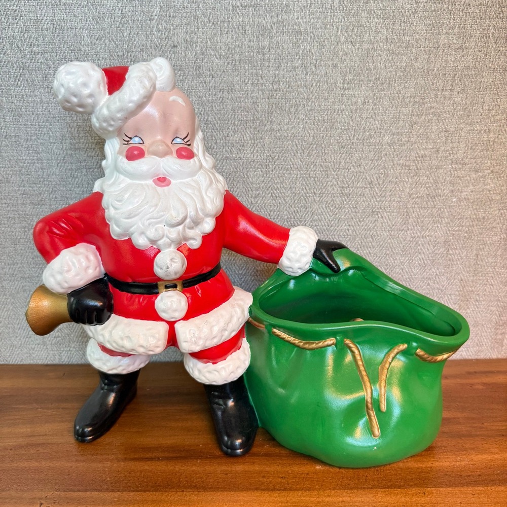 Vintage 1981 Ceramic Musical Santa Claus Figurine Green Toy Bag Planter Dish